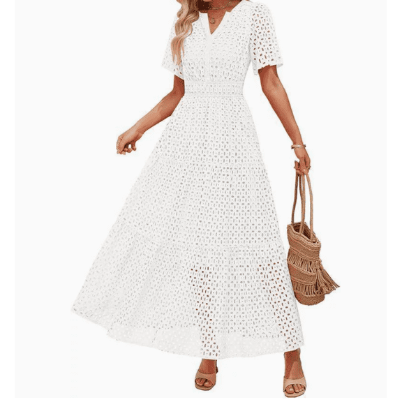 Women's Summer Short Sleeve Maxi Dress Casual V Neck Hollow Out Eyelet Ruffle Swing A Line Long Dresses
