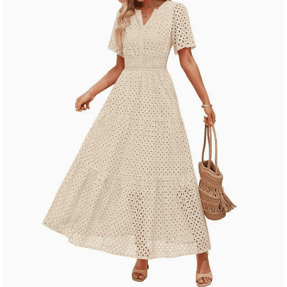 Women's Summer Short Sleeve Maxi Dress Casual V Neck Hollow Out Eyelet Ruffle Swing A Line Long Dresses