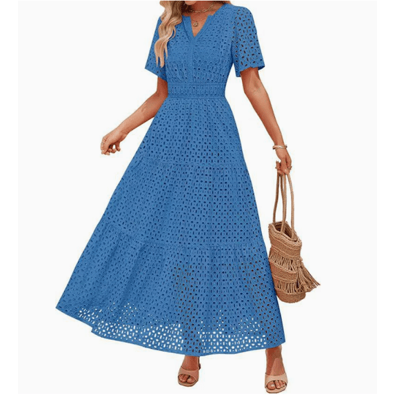 Women's Summer Short Sleeve Maxi Dress Casual V Neck Hollow Out Eyelet Ruffle Swing A Line Long Dresses