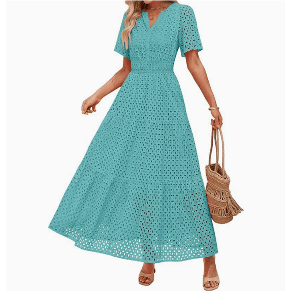 Women's Summer Short Sleeve Maxi Dress Casual V Neck Hollow Out Eyelet Ruffle Swing A Line Long Dresses