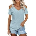thumbnail image 1 of Women's Summer Short Sleeve Off Shoulder V-Neck Casual Lace Up T-Shirt, 1 of 6