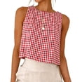 thumbnail image 1 of Women's Summer Short Sleeve Plaid Top Shirts Blouses Round Neck Loose Fit Casual Daily Wear Vacation Beach Travel Fashion Essential Gift for Ladies | Aestivo,Red L, 1 of 4