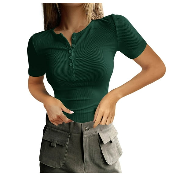 Women's Summer Short Sleeve Ribbed Knit Top Slim Fit Button Down Casual Tee Shirt Comfortable Stylish Blouse