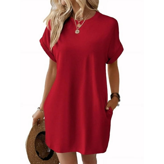 Women's Summer Short Sleeve Round Neck Loose Dress with Pocket Sundress, Solid Color Red 6