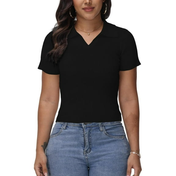 Women's Summer Short Sleeve Shirt V-Neck Collar Pullover Tops Lightweight Knit Polo Shirt