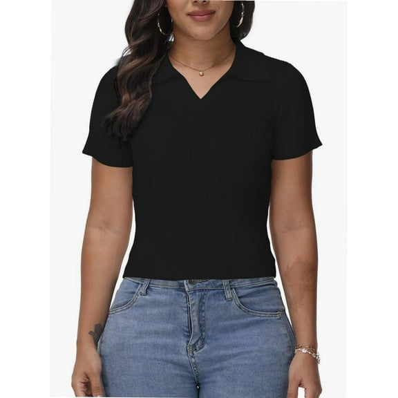 Women's Summer Short Sleeve Shirt V-Neck Collar Pullover Tops Lightweight Knit Polo Shirt