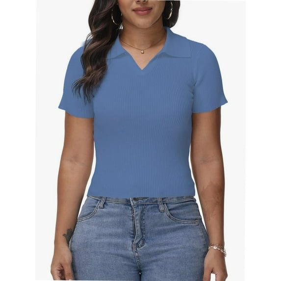 Women's Summer Short Sleeve Shirt V-Neck Collar Pullover Tops Lightweight Knit Polo Shirt