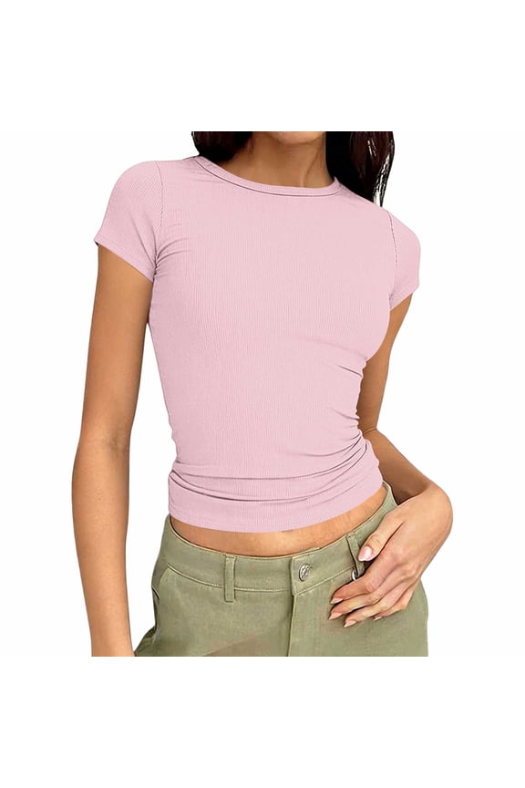 Women's Summer Short-Sleeve Solid-Color Ribbed Crew Neck Top Workout Casual Fashion Slim-Fit Cropped T-Shirt
