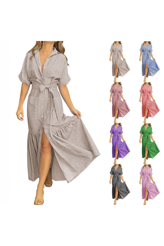 Women's Summer Short Sleeve Striped Maxi Shirt Dress Casual Button Down Tie Waist Belted A-Line Flowy Ruffled Loose Vacation Beach Sundress Elegant Boho Business Long Dresses with Pockets