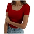 thumbnail image 1 of Women's Summer Short Sleeve T-Shirt Square Neck Ribbed Slim Fit Casual Tee Breathable Comfortable Stylish Top, 1 of 5