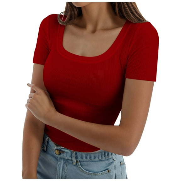 Women's Summer Short Sleeve T-Shirt Square Neck Ribbed Slim Fit Casual Tee Breathable Comfortable Stylish Top