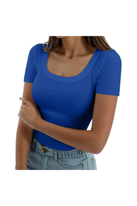 Women's Summer Short Sleeve T-Shirt Square Neck Ribbed Slim Fit Casual Tee Comfortable Breathable Stretchy Fashion Top