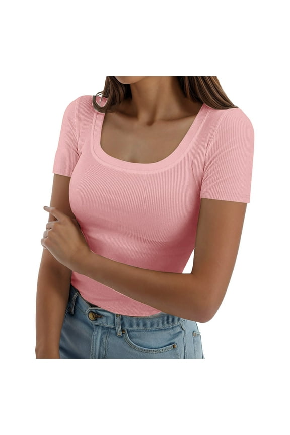 Women's Summer Short Sleeve T-Shirt Square Neck Ribbed Slim Fit Casual Tee Comfortable Breathable Stretchy Fashion Top