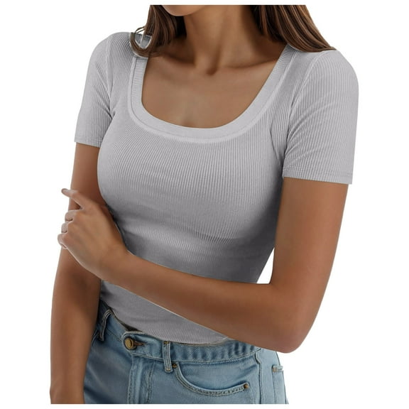 Women's Summer Short Sleeve T-Shirt Square Neck Ribbed Slim Fit Casual Tee Comfortable Breathable Stretchy Fashion Top