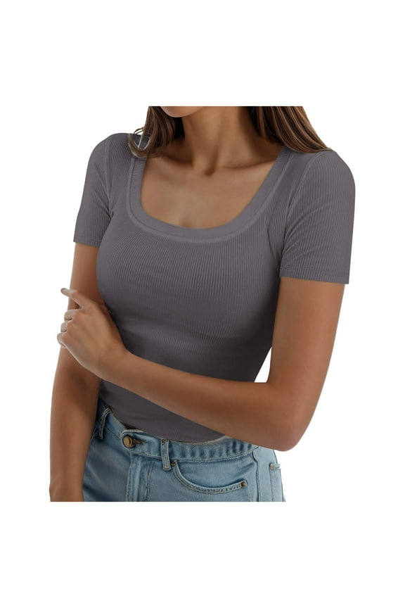 Women's Summer Short Sleeve T-Shirt Square Neck Ribbed Slim Fit Casual Tee Comfortable Breathable Stretchy Fashion Top