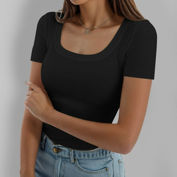 Women's Summer Short Sleeve T-Shirt Square Neck Ribbed Stretch Slim Fit Casual Tee Top Comfortable Breathable Fashion