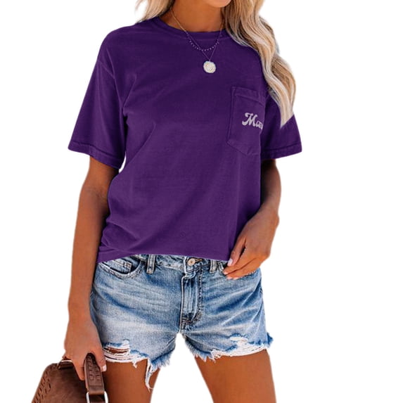 Women's Summer Short Sleeve T-Shirt with Pockets Letter Print Casual Tee