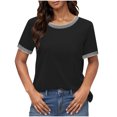 thumbnail image 1 of Women's Summer Short Sleeve T-shirts Stripes Colorblock Plain Tshirts Crew Neck Casual Tunic Tops Loose Fit (M, Black), 1 of 7