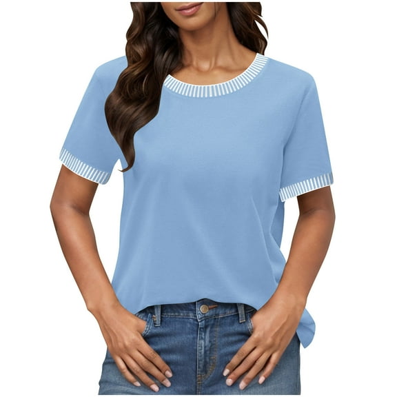 Women's Summer Short Sleeve T-shirts Stripes Colorblock Plain Tshirts Crew Neck Casual Tunic Tops Loose Fit (M, Sky Blue)