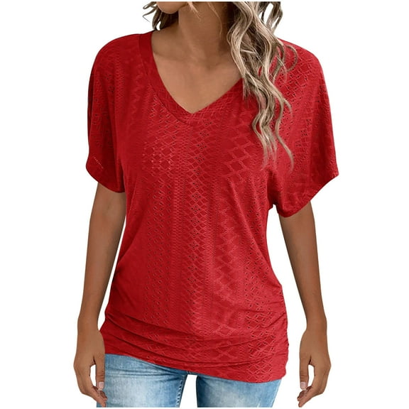 Women's Summer Short Sleeve Top Loose Fit V-Neck Shirt, Breathable Hollow Out Cotton Blouse Solid Color, Casual Everyday Basic Tee for Women