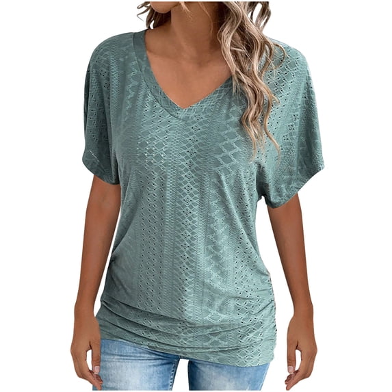 Women's Summer Short Sleeve Top Loose Fit V-Neck Shirt, Breathable Hollow Out Cotton Blouse Solid Color, Casual Everyday Basic Tee for Women