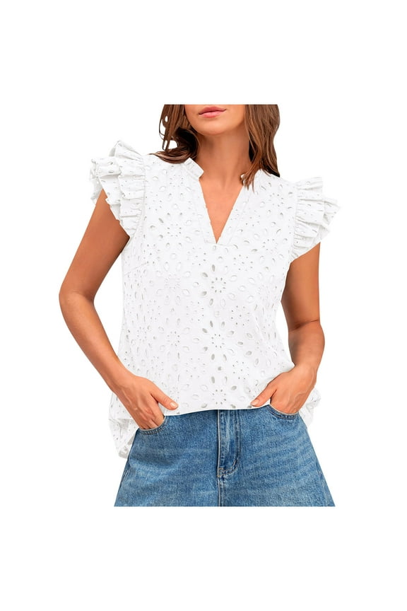 Women's Summer Short Sleeve Top V-Neck Solid Lace Ruffle Sleeve Casual Top Blouse White