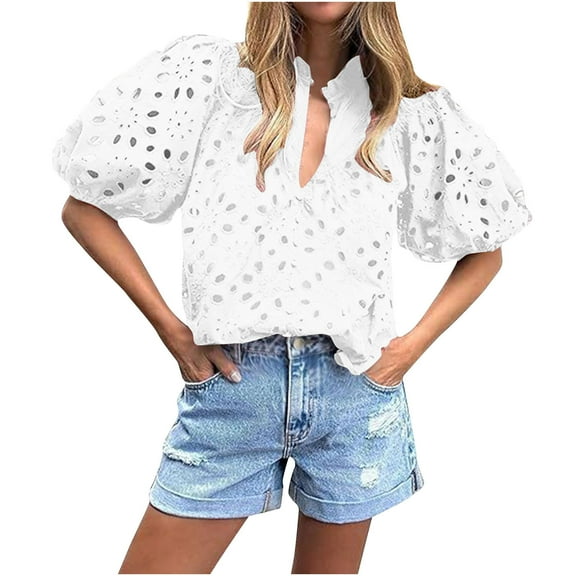 Women's Summer Short Sleeve Tops 2025 Dressy Casual Buttons V Neck Hollow Out Lace Embroidered Blouses Shirts