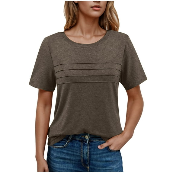 ZQUUVOU Women's Summer Short Sleeve Tops Casual Front Pleated Solid Color Round Neck Top/Shirt Coffee