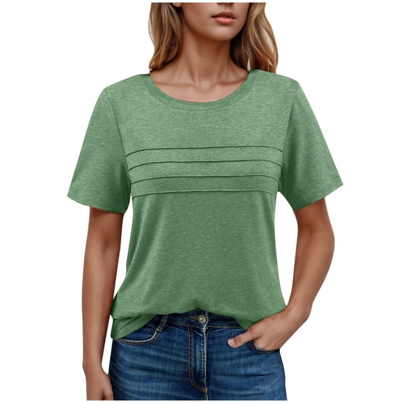 ZQUUVOU Women's Summer Short Sleeve Tops Casual Front Pleated Solid Color Round Neck Top/Shirt Green