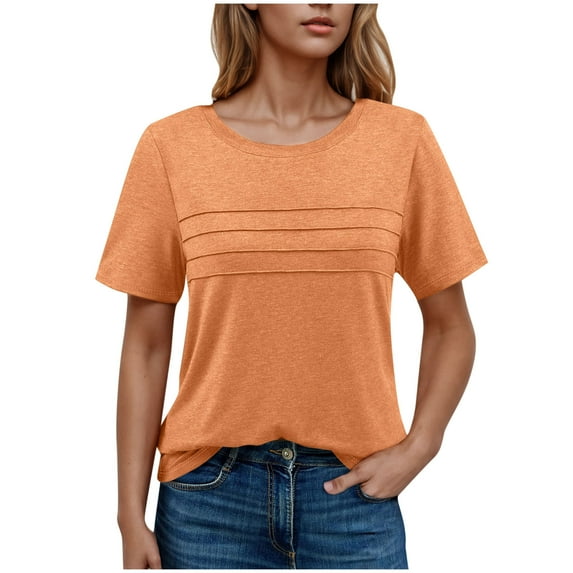 ZQUUVOU Women's Summer Short Sleeve Tops Casual Front Pleated Solid Color Round Neck Top/Shirt Orange