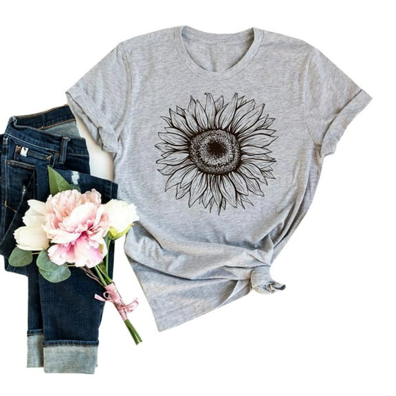 Women's Summer Short Sleeve Tops Casual Sunflower Print T Shirt
