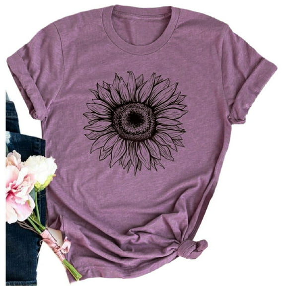 Women's Summer Short Sleeve Tops Casual Sunflower Print T Shirt