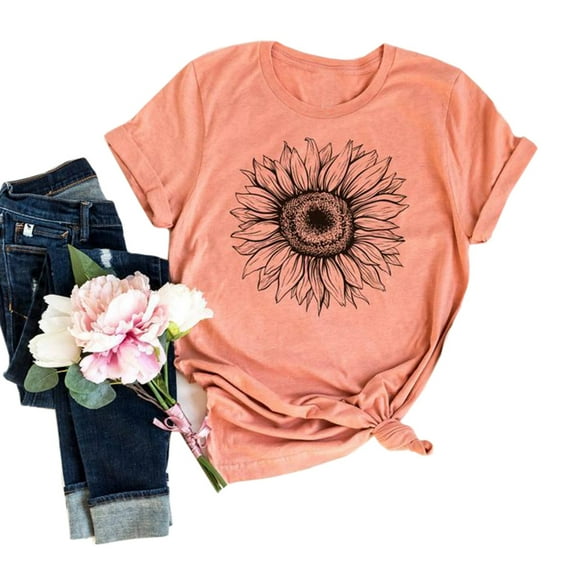 Women's Summer Short Sleeve Tops Casual Sunflower Print T Shirt