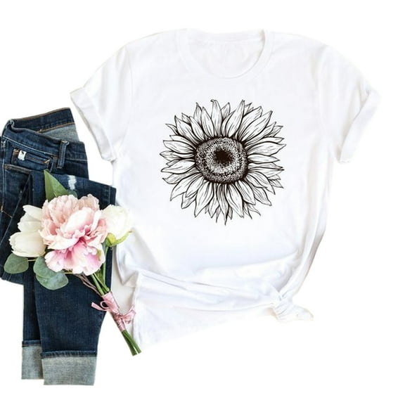 Women's Summer Short Sleeve Tops Casual Sunflower Print T Shirt