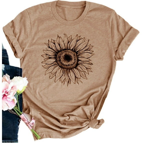 Women's Summer Short Sleeve Tops Casual Sunflower Print T Shirt