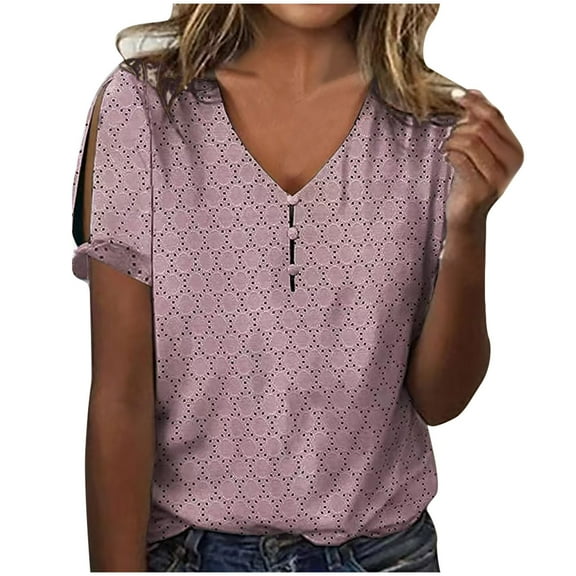 Women's Summer Short Sleeve Tops Cutout Short Sleeve V Neck Tunic T-shirts Loose Fit Dressy Casual Blouses Tees (M, Hot Pink)