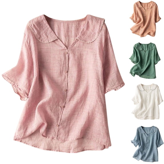 Women's Summer Short Sleeve Turndown Collar Tops Shirts Blouses Solid Color Regular Fit Casual Daily Wear Vacation Beach Fashion Essential Gift for Women | Sopatenor,Orange XL