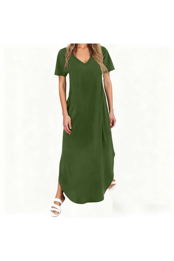 Women's Summer Short Sleeve V Neck Maxi Dress Loose Fitting Side Split Straight T-Shirt Dress Breathable Lightweight Casual Loungewear Daily Wear Sun Dress