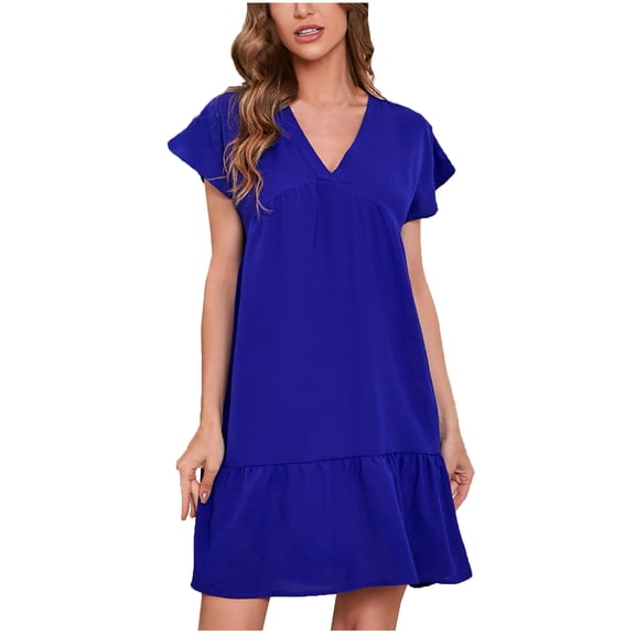 Dresses for Women Summer Casual Chiffon Solid Color V-Neck Short Sleeve Mini Dress Ladies Fashion Sundress