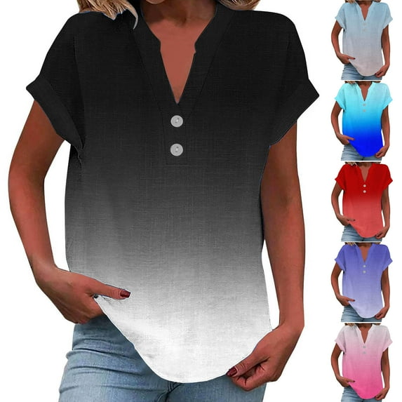 Women's Summer Short Sleeve V Neck Printed Tops Shirts Blouses Casual Button Down Loose Fit Solid Color Soft for Daily Wear Work Office Vacation Fashion Essential Gift for Women