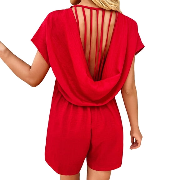 Women's Summer Short Sleeve V Neck Romper Back Hollow Out Jumpsuit with Pockets - Polyester Lightweight Comfortable Loose Fit for Beach Party Vacation