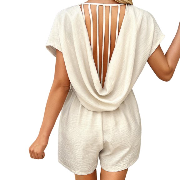 Women's Summer Short Sleeve V Neck Romper Back Hollow Out Jumpsuit with Pockets - Polyester Lightweight Comfortable Loose Fit for Beach Party Vacation
