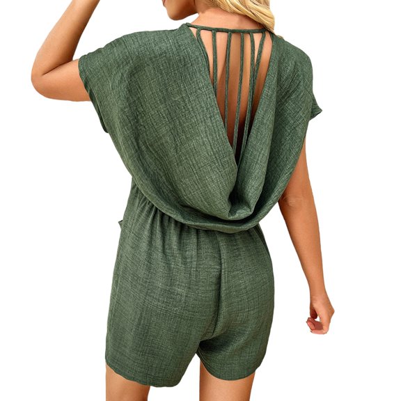Women's Summer Short Sleeve V Neck Romper Back Hollow Out Jumpsuit with Pockets - Polyester Lightweight Comfortable Loose Fit for Beach Party Vacation