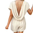 thumbnail image 1 of Women's Summer Short Sleeve V Neck Romper Back Hollow Out Jumpsuit with Pockets - Polyester Lightweight Comfortable Loose Fit for Beach Party Vacation, 1 of 5