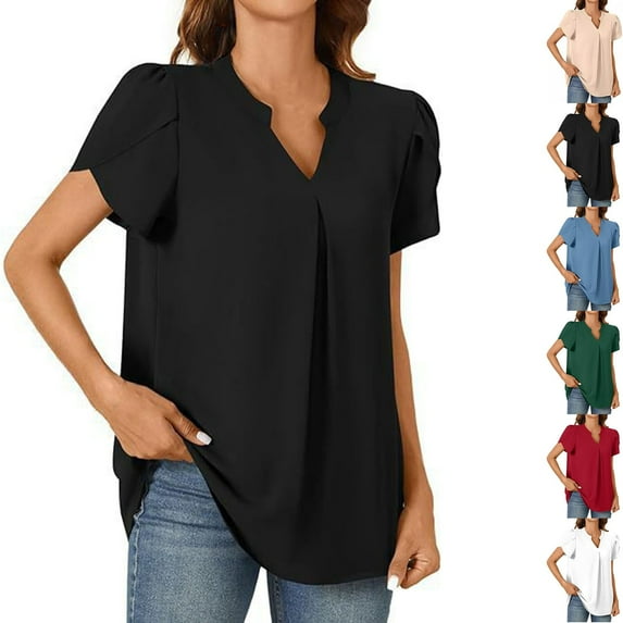 Women's Summer Short Sleeve V Neck Top Shirts Blouses Petal Sleeve Loose Fit Solid Color Soft Casual Daily Wear Business Office Vacation Fashion Essential Gift for Women | Aestivo,Blue XL