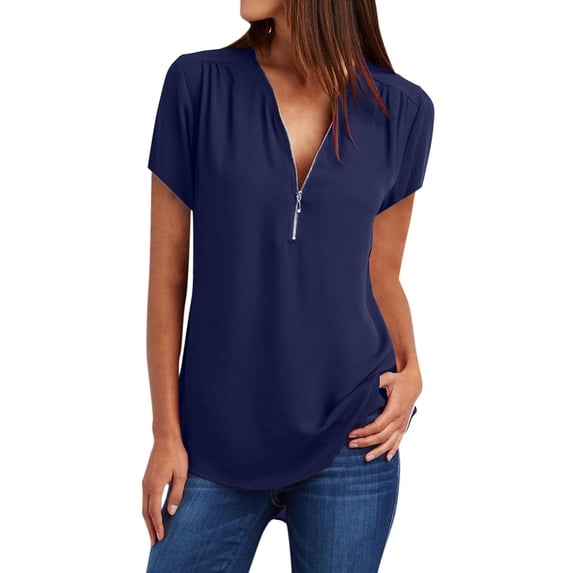ibuvkizy Women's Summer Short Sleeve Zip Casual Tunic V-Neck Rollable Blouse Tops