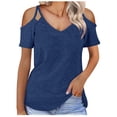 thumbnail image 1 of Women's Summer Short Sleeves Tops Cold Shoulder V Neck Shirts Polyester Casual Hollow-out Strappy Plain Tees (Small, Blue), 1 of 7