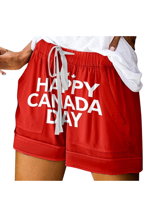 Women's Summer Shorts Canada Day Print Tie Waist Elastic Band Baggy Dressy Casual Womens Jorts with Pockets S-2XL