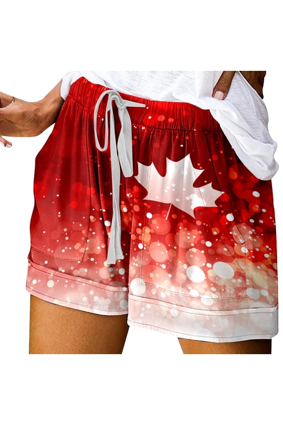 Women's Summer Shorts Canada Day Print Tie Waist Elastic Band Casual Flowy Shorts with Pockets S-2XL
