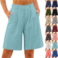 thumbnail image 1 of Women's Summer Shorts Casual Linen Solid Elastic Waist Loose Straight Leg Pockets Pants, 1 of 8